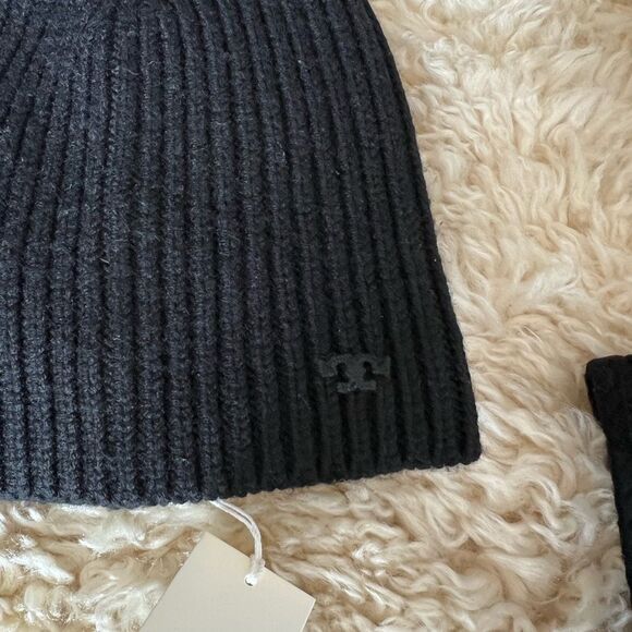 Tory Burch Ribbed Merino Wool Black Knit Scarf, Hat and Mittens Set main image 10